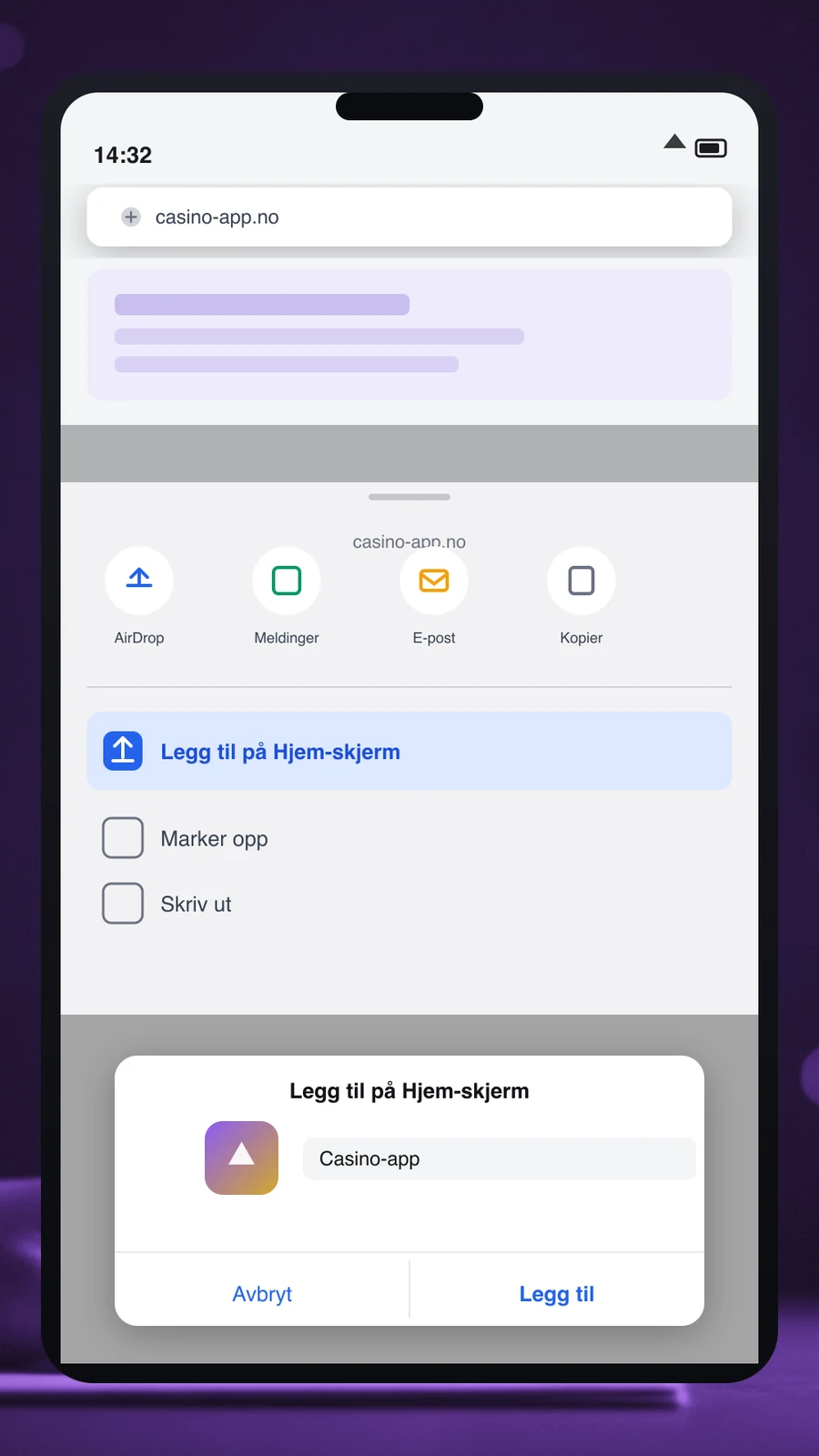 Steg-for-steg-skjermbilde som viser installasjon av Casino Days som app-snarvei på iOS