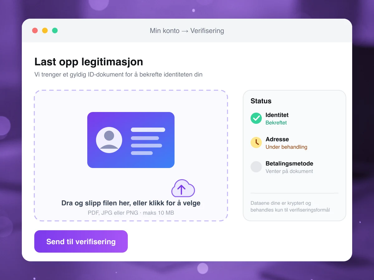 Eksempel på ID-dokument og adressebevis som brukes til KYC-verifisering
