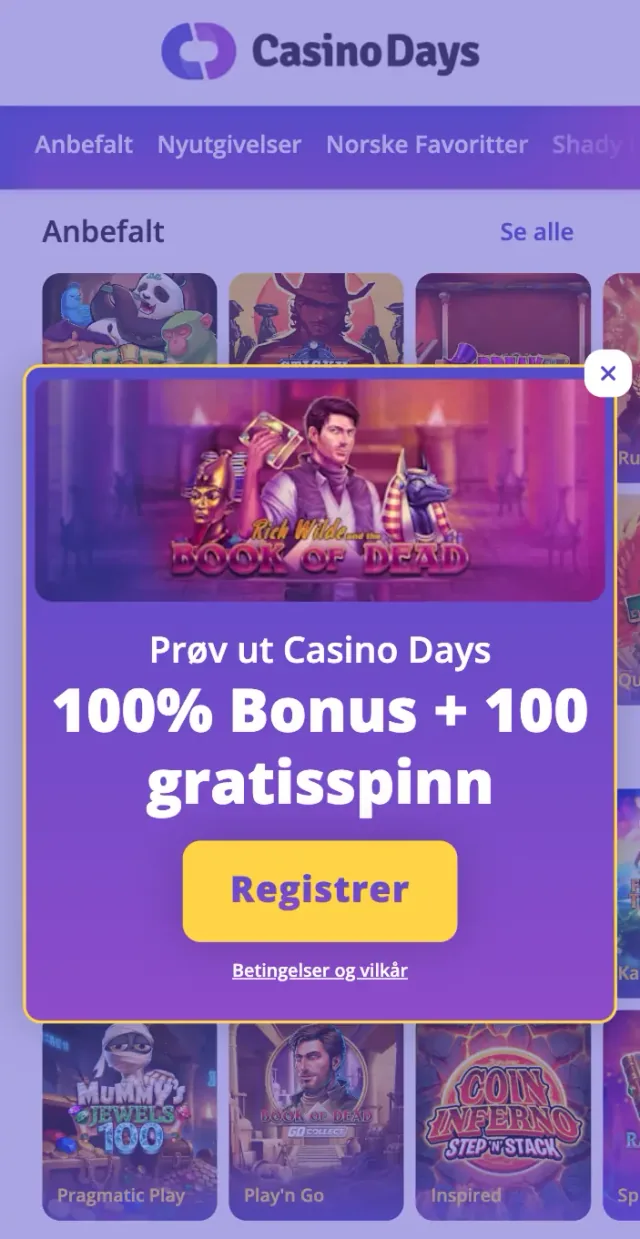 Skjermbilde av tilgjengelige bonustilbud i Casino Days-appen