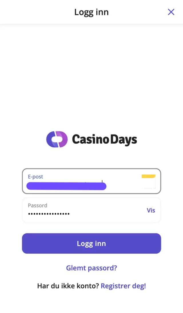 Innloggingsskjerm for Casino Days vist på mobiltelefon