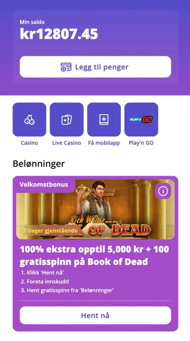 Mobilskjerm med kontosaldo og spilloversikt i Casino Days-appen